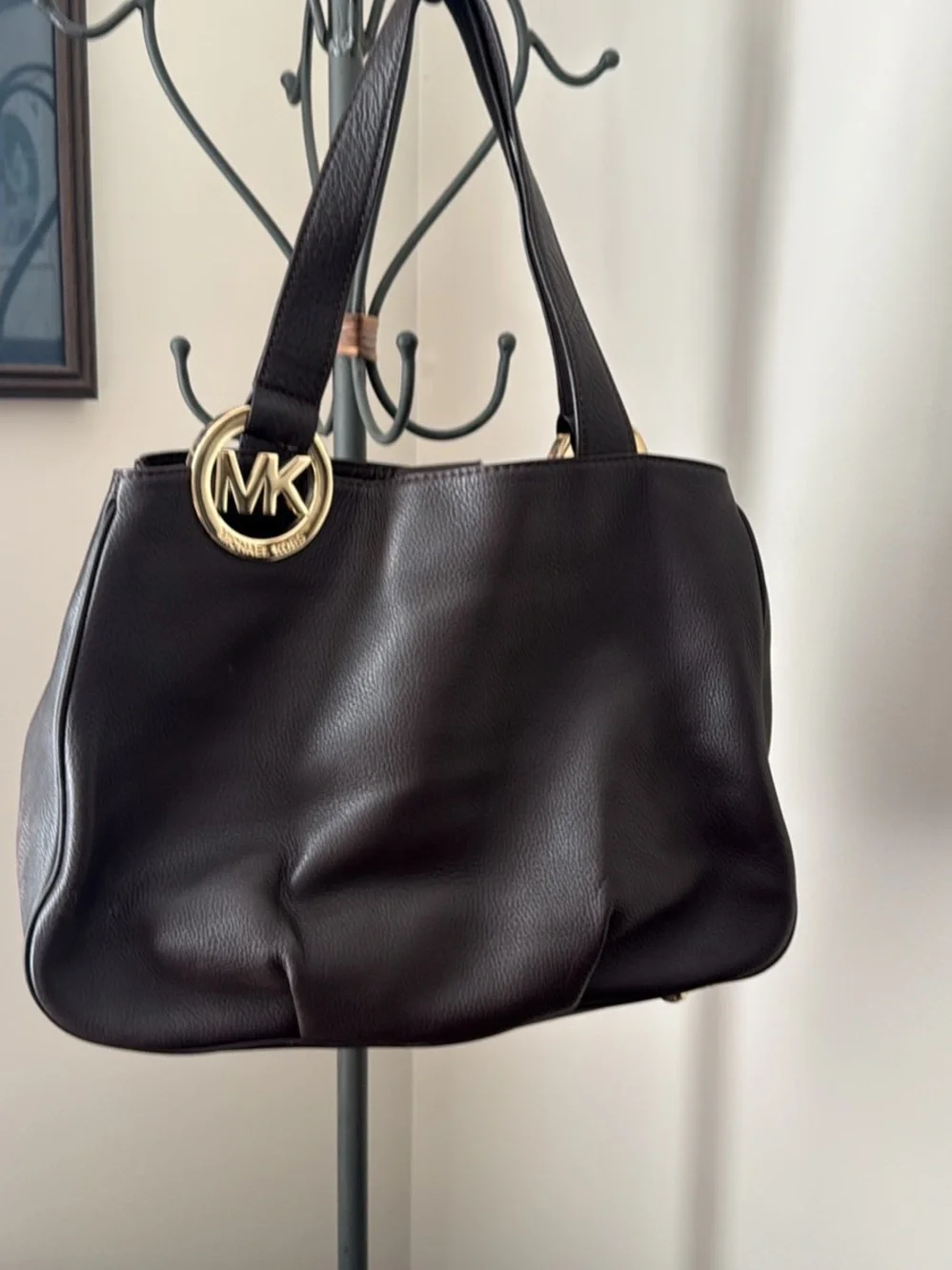 Michael Kors Dark Brown Pebbled Leather Tote with Gold MK Charm